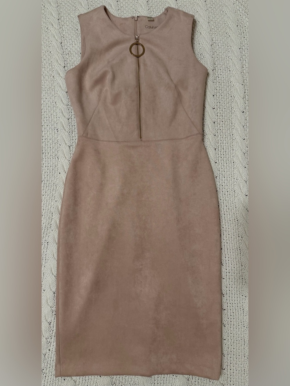 Calvin Klein Size 4 Blush Taupe Suede-Look Sheath Dress Gold Zip